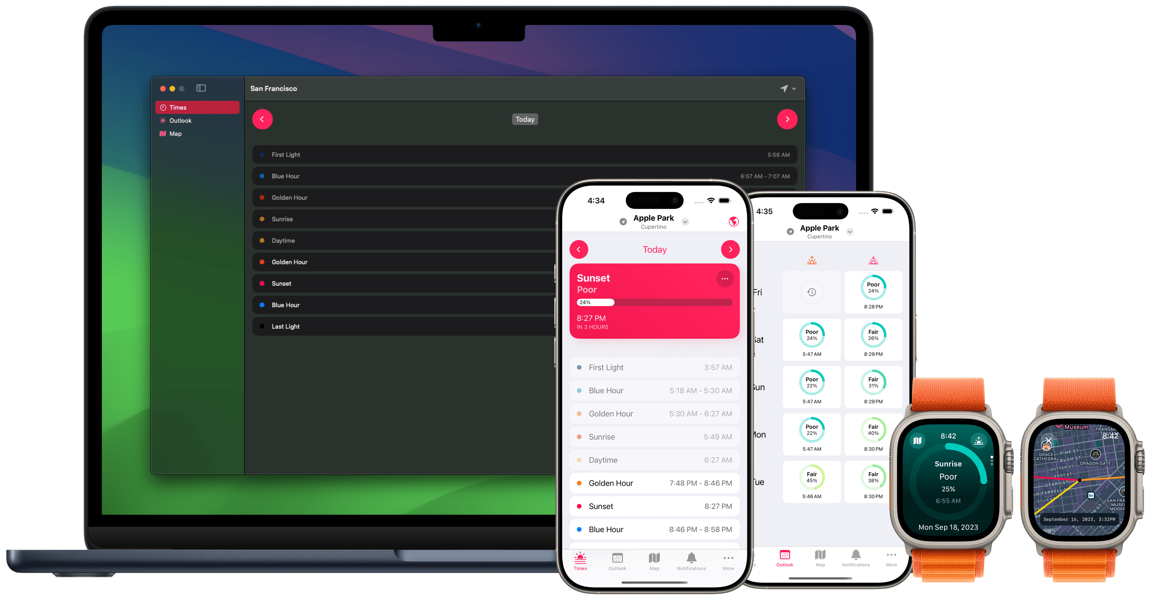 Screenshots of Alpenglow on iPhone and Apple Watch