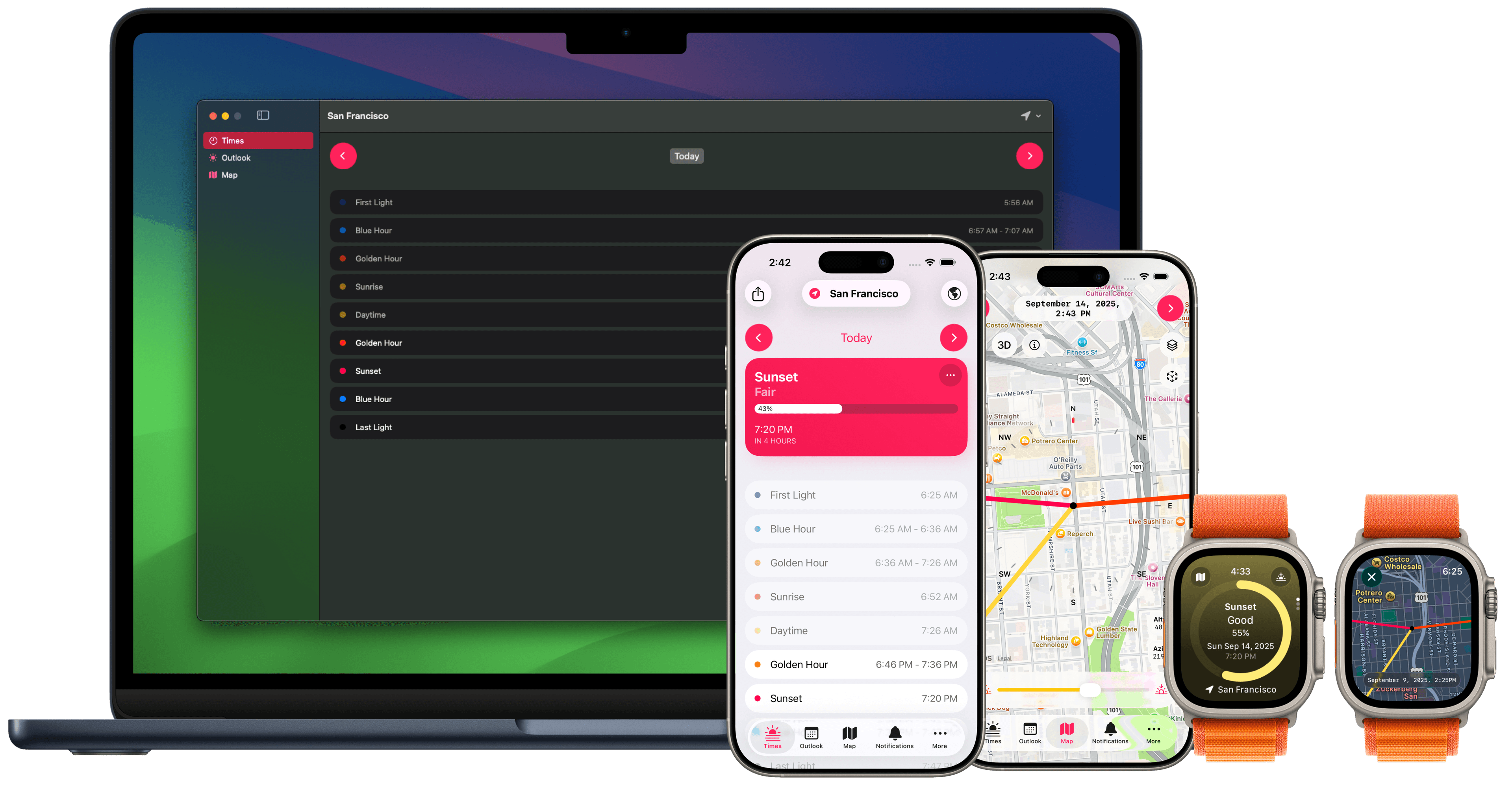 Screenshots of Alpenglow on iPhone and Apple Watch