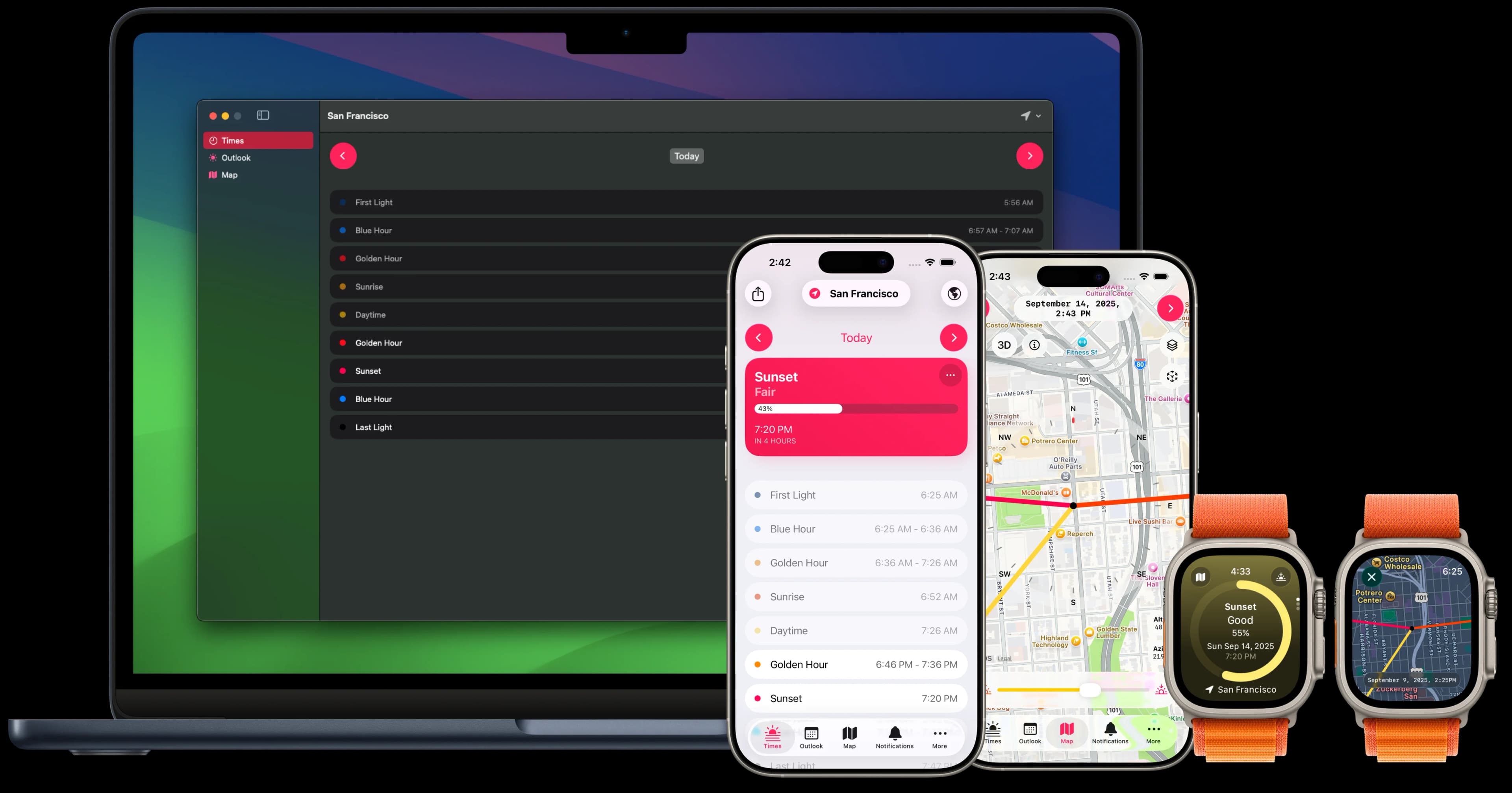 Capturas de pantalla de Alpenglow en iPhone y Apple Watch