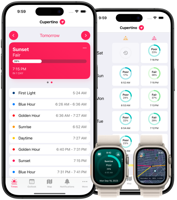 Screenshots of Alpenglow on iPhone and Apple Watch