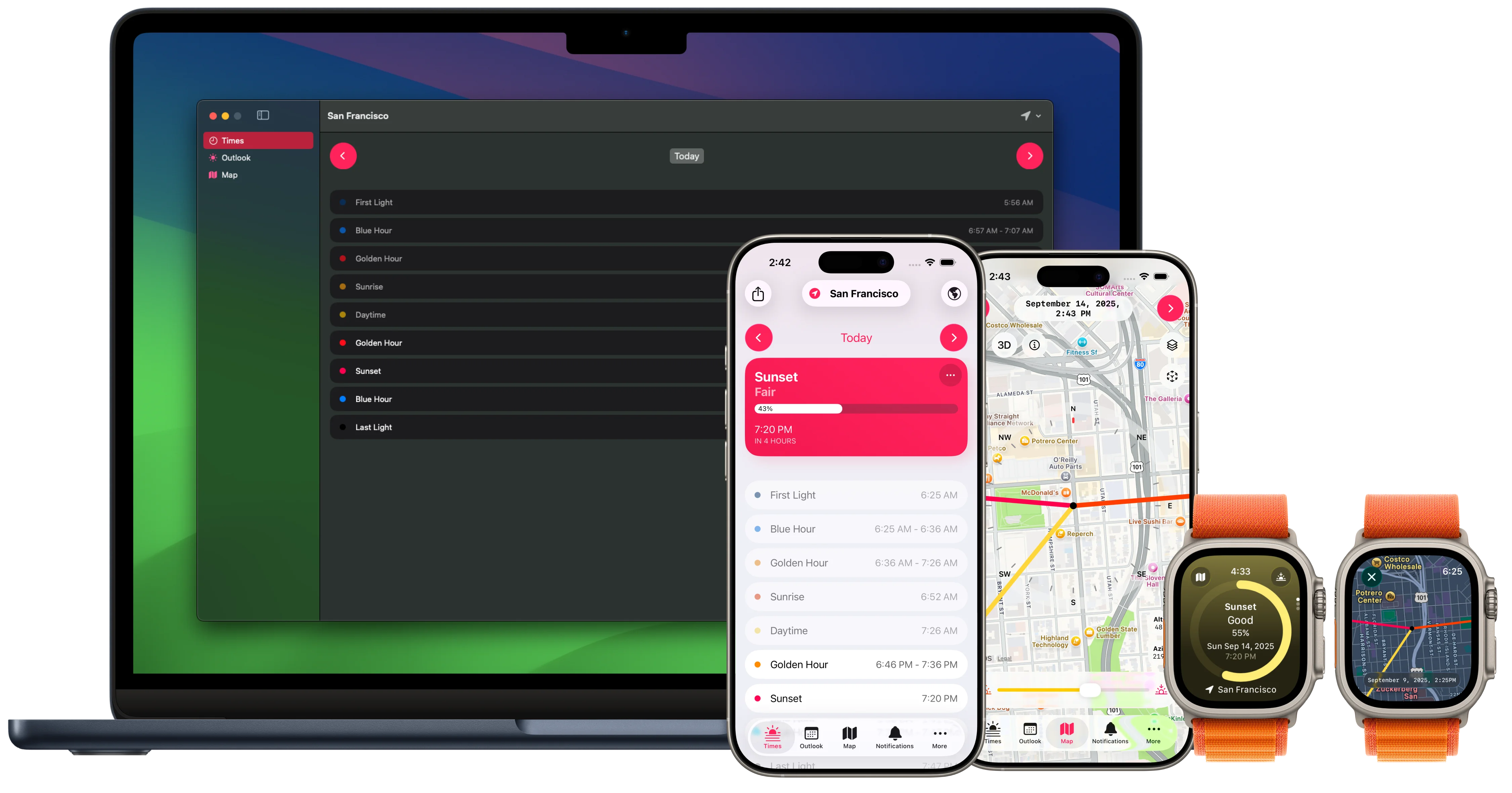 Screenshots of Alpenglow on iPhone and Apple Watch