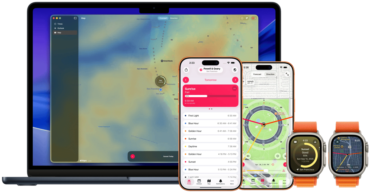 Screenshots of Alpenglow on iPhone and Apple Watch