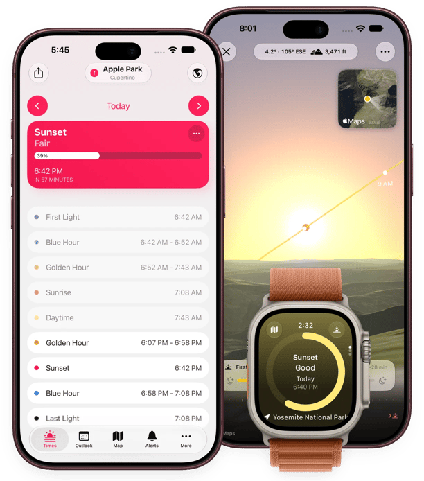 Screenshots of Alpenglow on Apple Watch