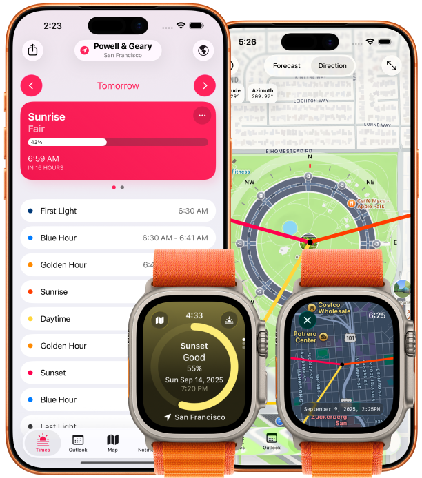 Screenshots of Alpenglow on iPhone and Apple Watch