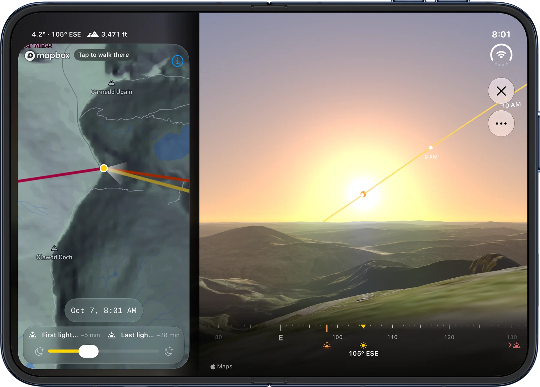 लैंडस्केप में iPhone Duo पर Vantage Point, दृश्य के बगल में मानचित्र